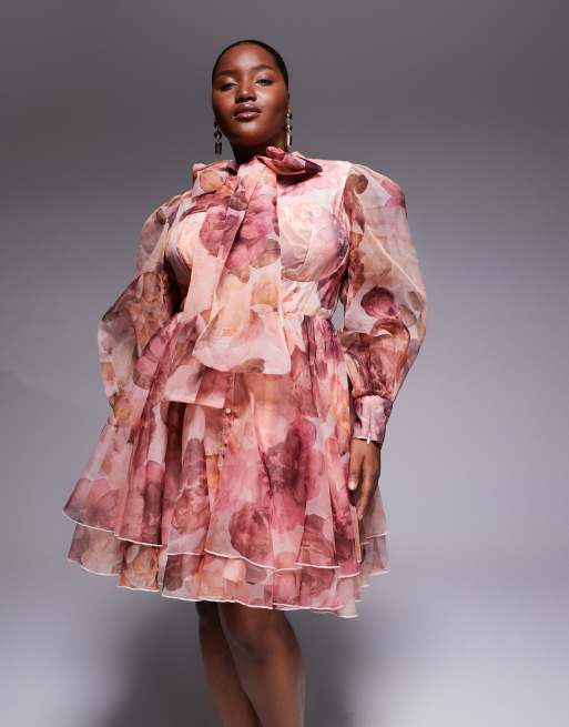 ASOS LUXE Curve – Ausgestelltes Organza-Kleid in Rosa mit Schluppe und Blumenmuster, 2 von 4
