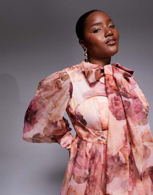 ASOS LUXE Curve – Ausgestelltes Organza-Kleid in Rosa mit Schluppe und Blumenmuster, 3 von 4