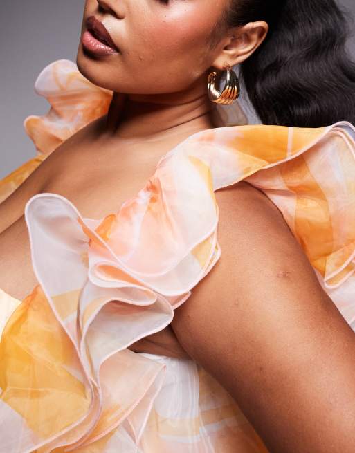 asos orange skater dress ASOS DESIGN Orange Puff Sleeve Broderie Midi Skater Dress Ruched Bodice NWOT