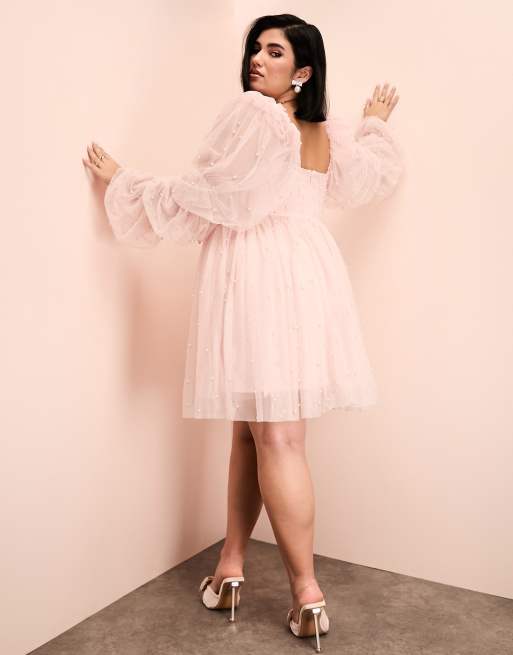 ASOS LUXE Curve - Babydoll jurk van tule versierd met parels in roze, 2 van 4