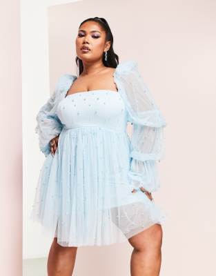 ASOS LUXE Curve - Babydoll-Kleid aus blauem Tüll mit Perlenverzierung-Rosa