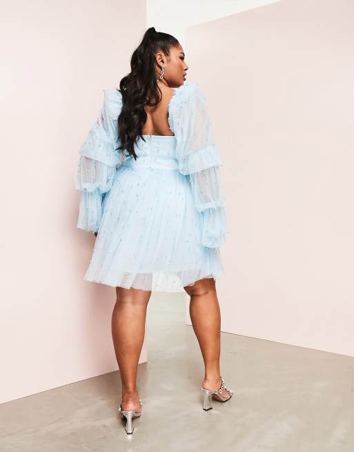 ASOS LUXE Curve – Babydoll-Kleid aus blauem Tüll mit Perlenverzierung, 2 von 4