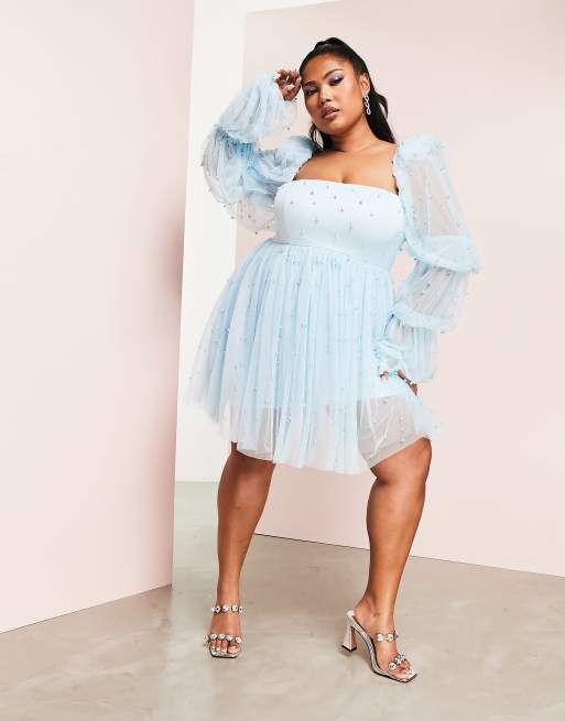 ASOS LUXE Curve Babydoll Kleid aus blauem Tull mit Perlenverzierung ASOS