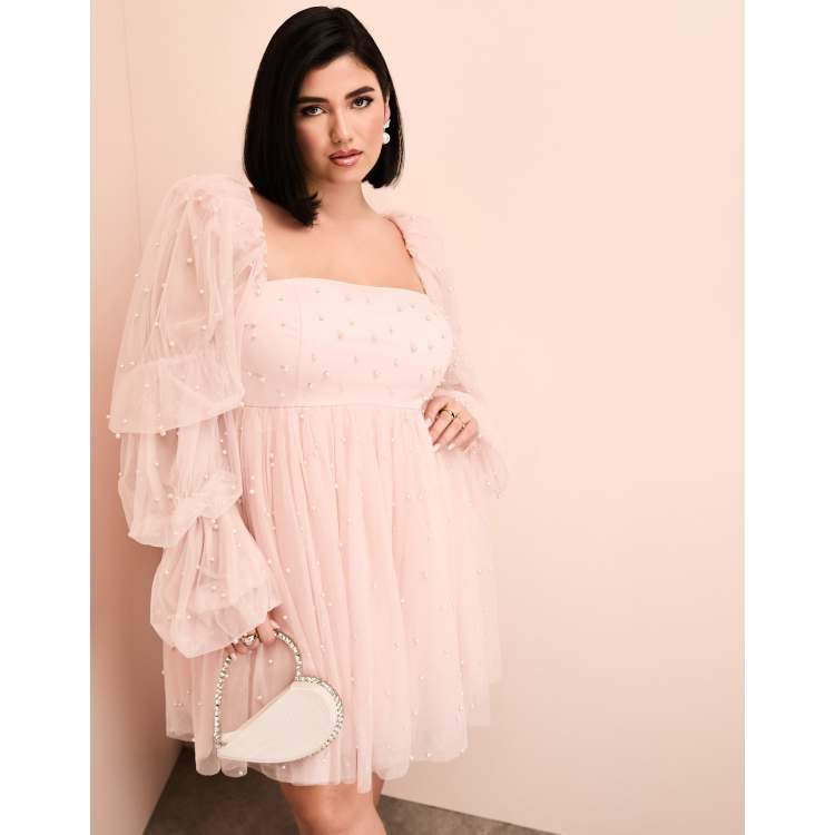 ASOS LUXE Curve Babydoll Kleid aus rosa Tull mit Perlenverzierung ASOS