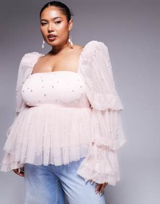 ASOS LUXE Curve - Babydoll-Oberteil aus rosa Tüll mit Perlenverzierung-Neutral