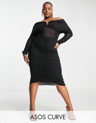 ASOS LUXE Curve bardot draped sleeve corsetted ruched midi dress in black - ASOS Price Checker