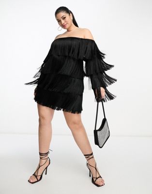 ASOS LUXE Curve bardot fringe mini dress in black