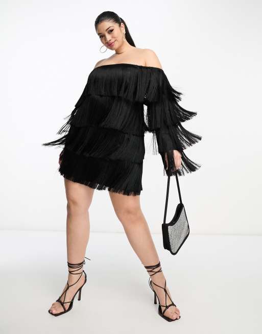 FhyzicsShops LUXE Curve bardot fringe mini dress in black