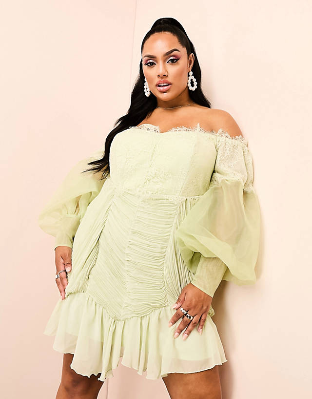 ASOS LUXE - curve bardot lace ruched sheer puff sleeve mini dress in green