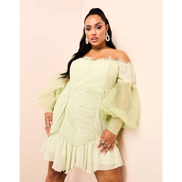 ASOS LUXE Curve bardot lace ruched sheer puff sleeve mini dress in green