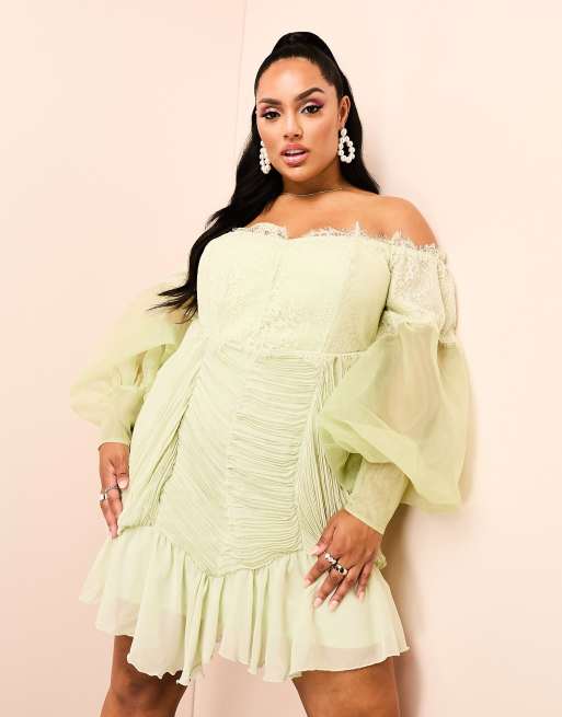 ASOS LUXE Curve bardot lace ruched sheer puff sleeve mini dress in green