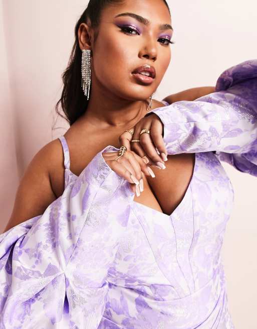 ASOS LUXE Curve bardot sleeve mini dress in purple jacquard ASOS