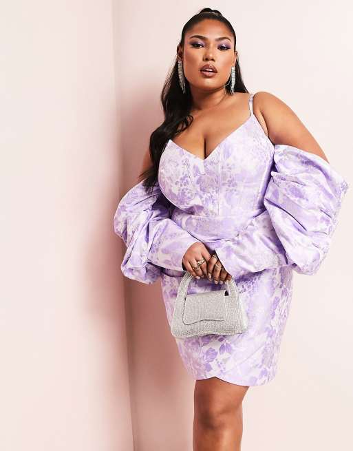 ASOS LUXE jacquard bardot corsetted bubble hem mini dress in lilac