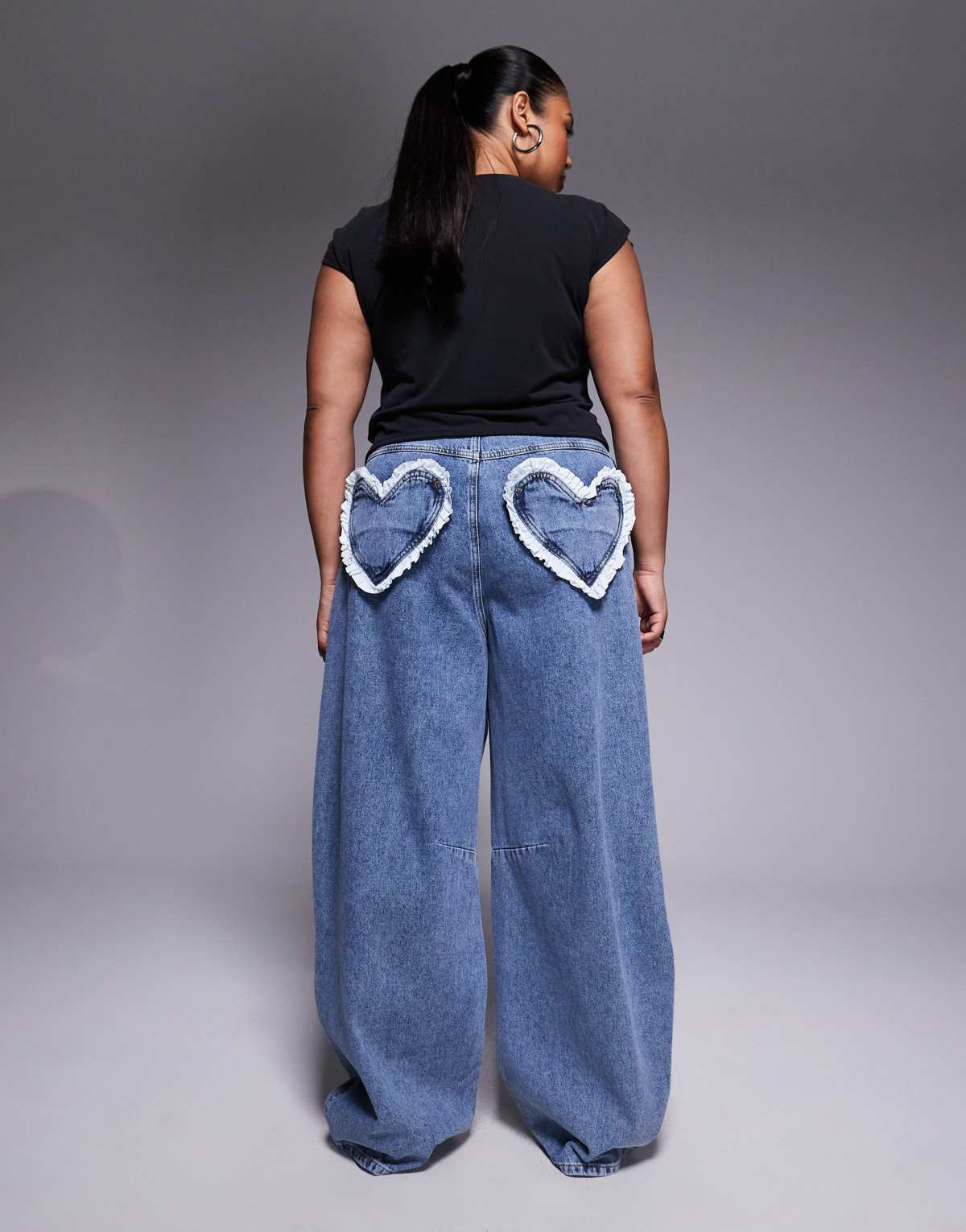 ASOS LUXE Curve barrel leg heart pocket jeans in midwash blue
