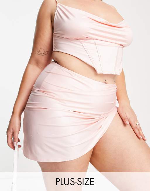 ASOS LUXE Curve - Bas de bikini style jupe portefeuille en satin - Blush
