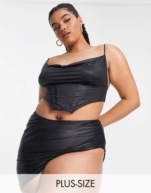 ASOS LUXE Curve - Bas de bikini style jupe portefeuille satiné - Noir