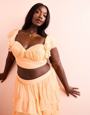 Curve beach ruched bralet with tiered sheer sleeves in apricot - part of a set-Orange