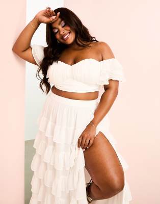 ASOS LUXE Curve beach ruched bralette with tiered sheer sleeves in white - part of a set