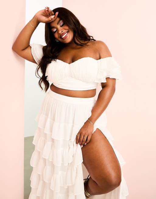 ASOS LUXE Curve beach ruched bralette with tiered sheer sleeves and skirt  set in white