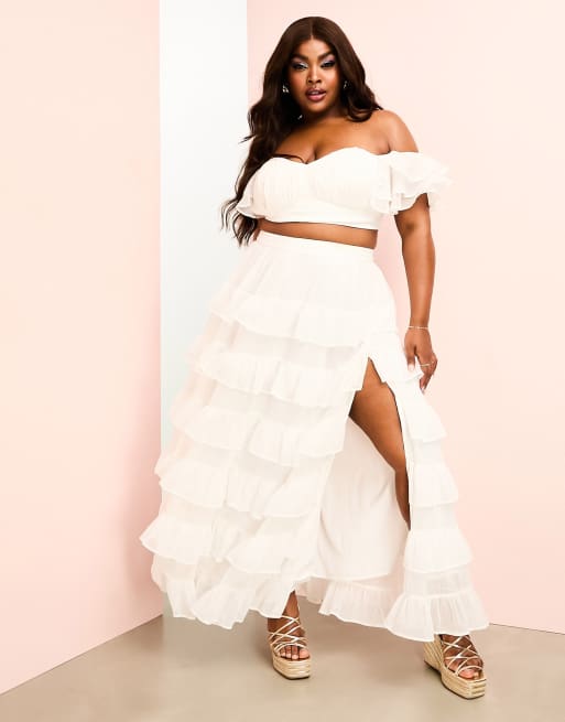 ASOS LUXE Curve beach ruched bralette with tiered sheer sleeves in white -  part of a set