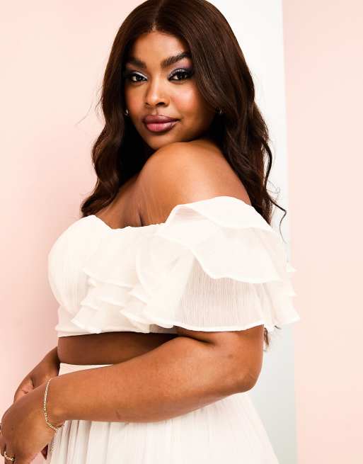 ASOS LUXE Curve beach ruched bralette with tiered sheer sleeves and skirt  set in white