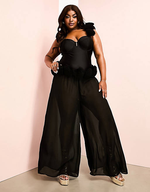 ASOS LUXE Curve beach sheer wide leg pants with tulle corsage waist in  black