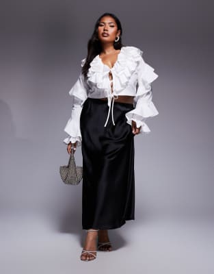 ASOS Luxe Curve – Biała bluzka z dużymi falbankami z bawełnianej popeliny - view 1
