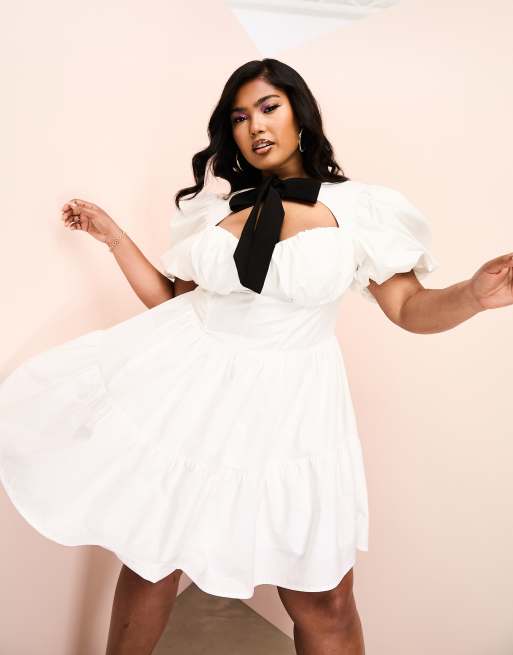 ASOS Luxe Curve – Biała gorsetowa sukienka mini z bawełnianej popeliny z kontrastową aksamitną kokardą i bufkami