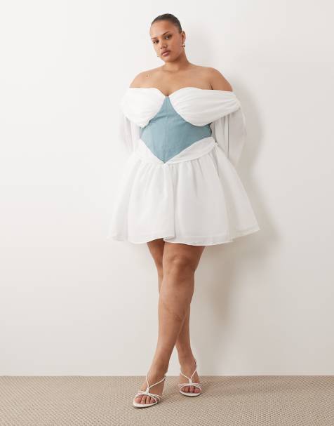 ASOS Luxe Curve – Biała tiulowa sukienka mini z odkrytymi ramionami i niebieską gorsetową talią - view 1