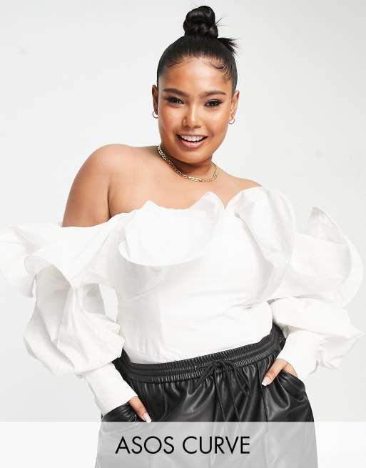 ASOS LUXE Curve – Białe popelinowe body z dekoltem bardot