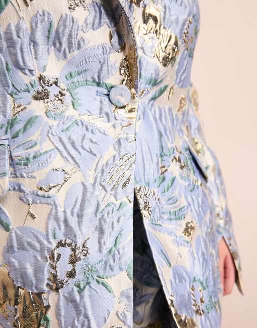 ASOS LUXE Curve – Blå, blommig kavaj med axelvaddar i jacquardväv, del av set, 3 av 4