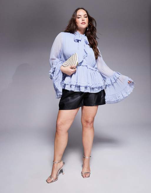 ASOS LUXE Curve – Blå blus i chiffong med pärlutsmyckning, 4 av 4
