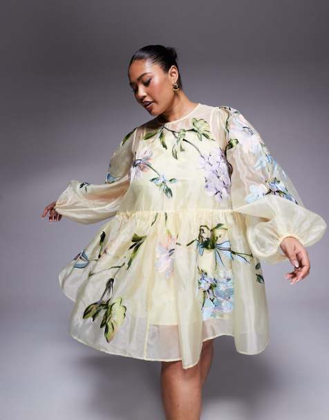 ASOS LUXE Curve oversized organza mini smock dress with floral embroidery in buttermilk - YELLOW