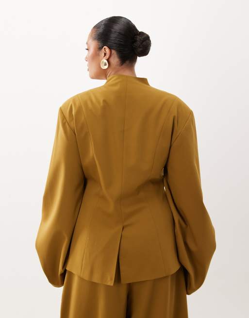 ASOS LUXE Curve blazer avec détail de manches plissées en moutarde, 3 de 4