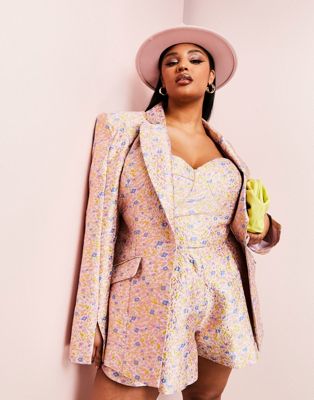 ASOS LUXE Curve co-ord jacquard blazer with shoulder pads in pink floral - ASOS Price Checker