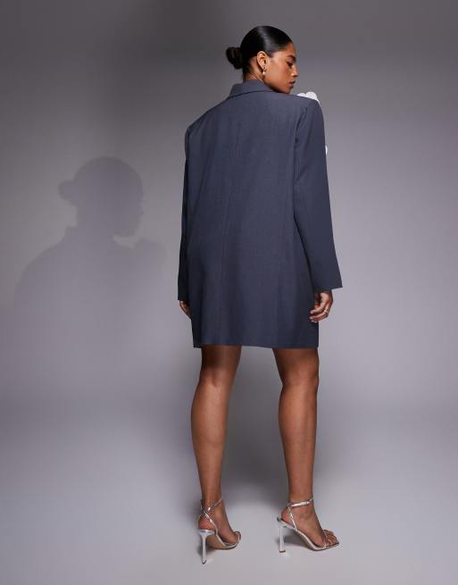 ASOS LUXE Curve blazer dress with 3D floral detail in grey, 3 of 4