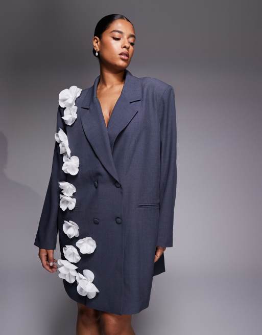 ASOS LUXE Curve blazer dress with 3D floral detail in grey, 4 of 4