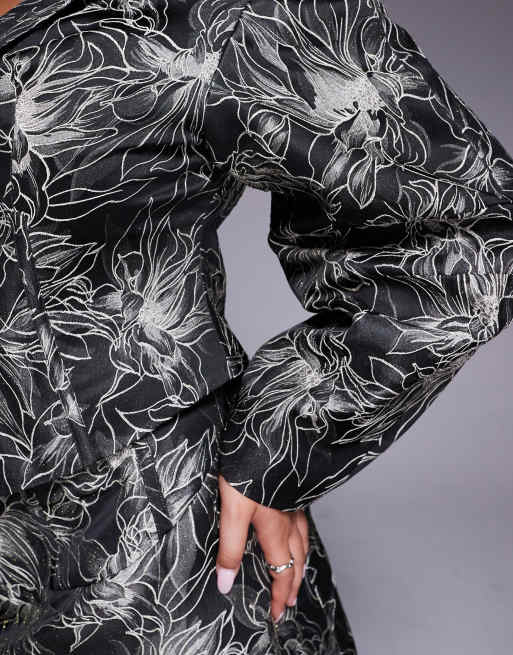 ASOS LUXE Curve - Blazer sagomato nero a fiori jacquard in coordinato, 3 di 4