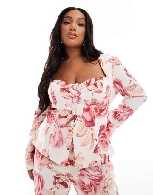ASOS Luxe Curve - Blazer sartoriale con scollo a cuore rosa con stampa e fiocco sul retro in coordinato