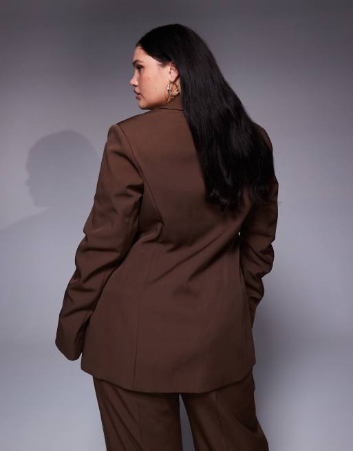 ASOS LUXE Curve - Blazer stretto in vita marrone con pannelli a contrasto in coordinato, 3 di 4