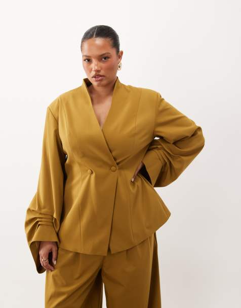ASOS LUXE Curve blazer with pleated sleeve detailing in mustard - view 1