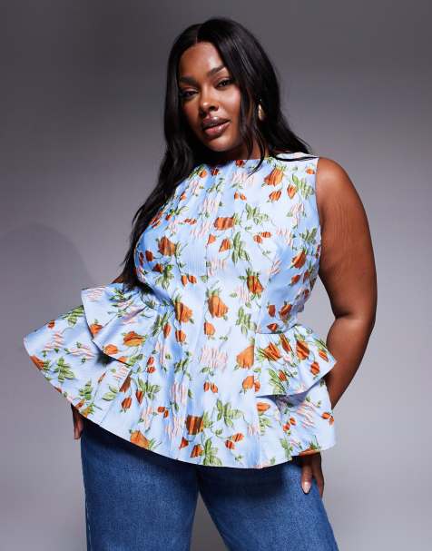 ASOS LUXE Curve– Blommig peplum-topp i jacquard med rosett baktill, del av set - view 1
