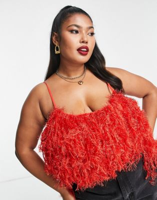 ASOS LUXE Curve faux feather low back cami body in hot red - ASOS Price Checker
