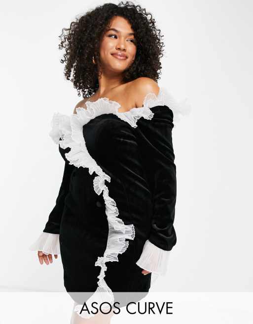 ASOS LUXE Curve bonded velvet tux dress with ruffle detail in black