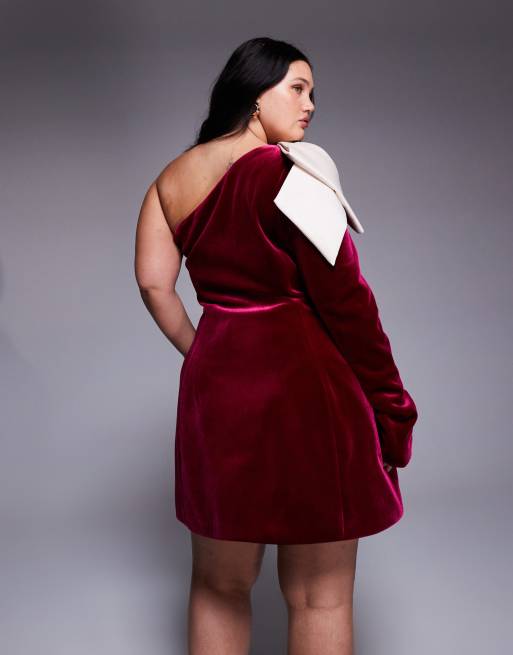 ASOS LUXE Curve - Bordeaux oneshoulder-minikjole med sløjfedetalje i velour, 3 af 4