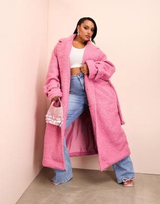 ASOS LUXE Curve borg long line trench coat with belted waist in pink