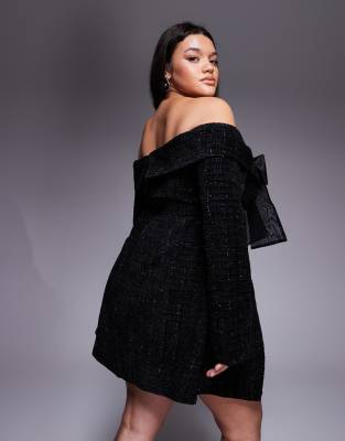 Asos Luxe Curve Boucle Bardot Mini Dress With Pleated Skirt And Bow In Black