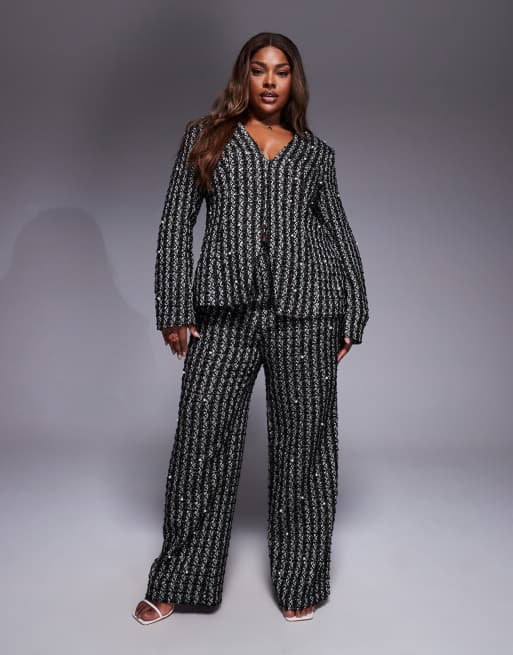 ASOS LUXE Curve - Bouclé blazer met parelversiering in zwart, deel van co-ord set, 2 van 4