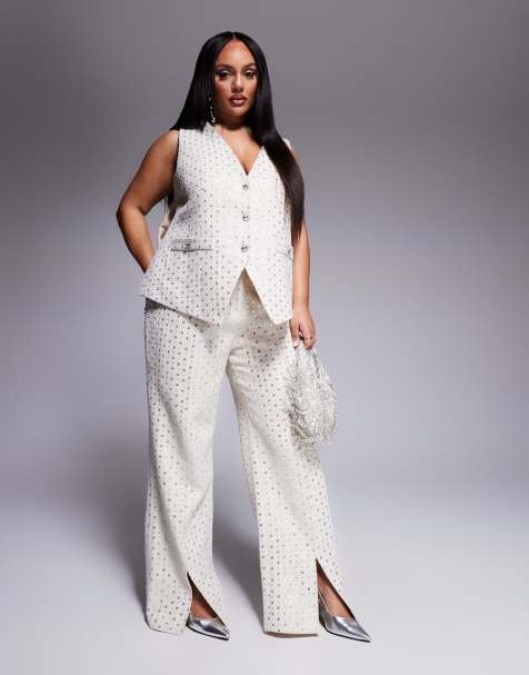 ASOS LUXE Curve - Bouclé broek met versiering in crème, deel van co-ord set - view 1