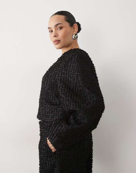 ASOS LUXE Curve boucle cropped ovoid sleeve blazer co-ord in black - view 1